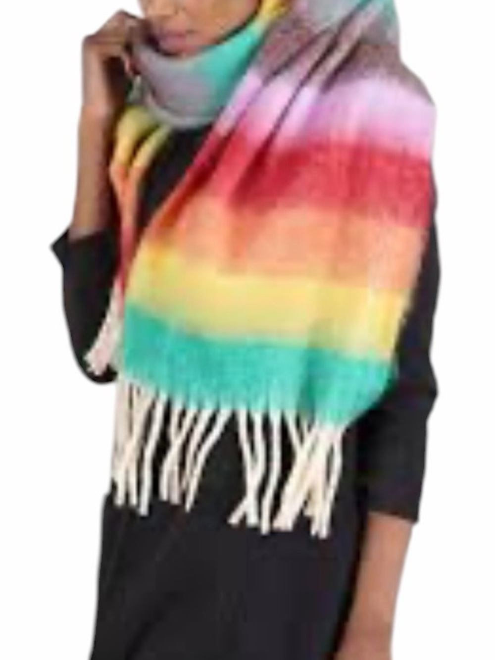 Knit Bon Bons Brushed Rainbow Stripe Fringe Scarf NEW